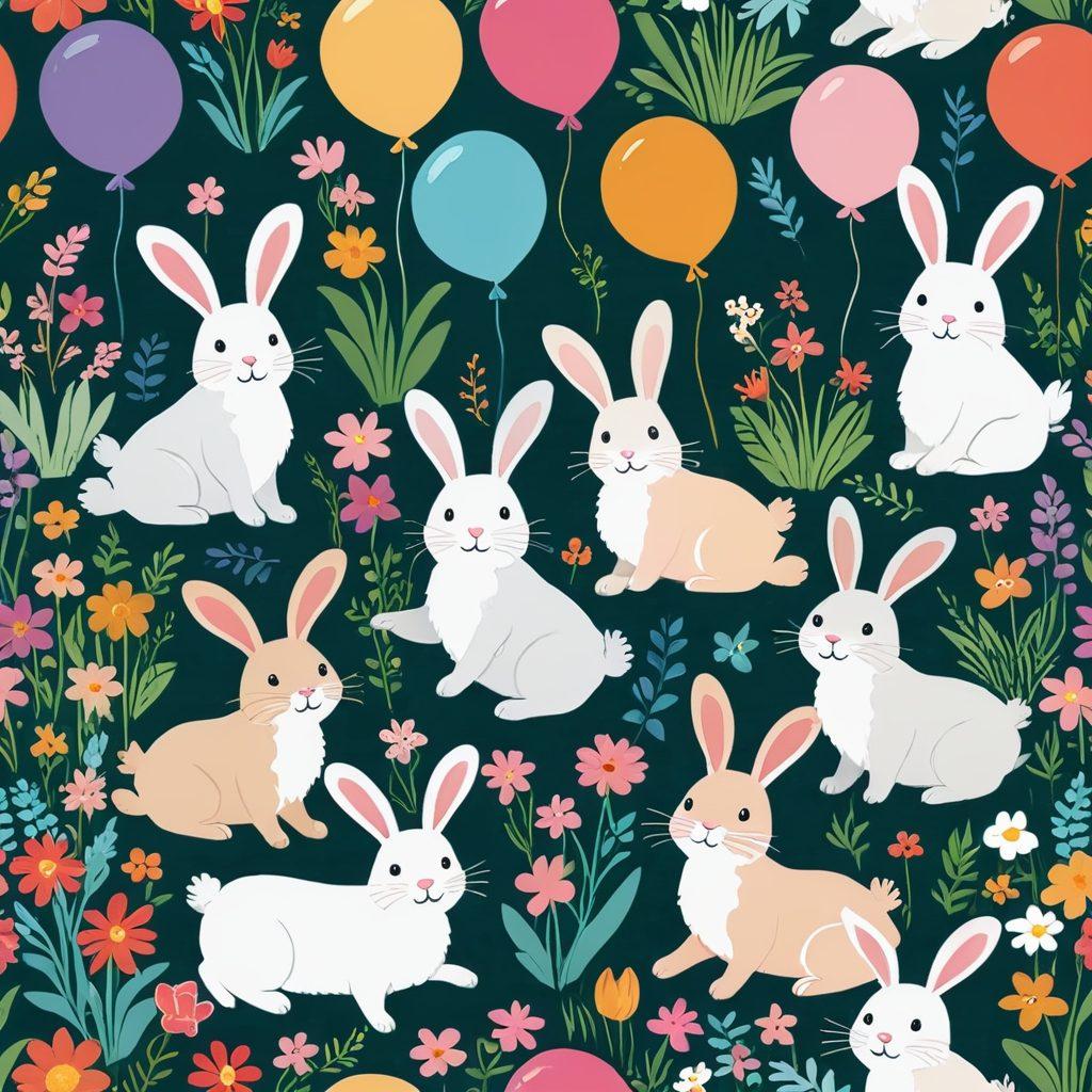 A whimsical scene featuring various adorable bunny breeds frolicking in a colorful flower garden, with a couple engaged in fun activities like teaching tricks and celebrating a bunny-themed event. Add playful elements such as heart-shaped balloons and cozy bunny burrows. The background should be a soft, dreamy landscape with gentle pastel colors to evoke romance and joy. cartoonish style. vibrant colors. whimsical atmosphere.