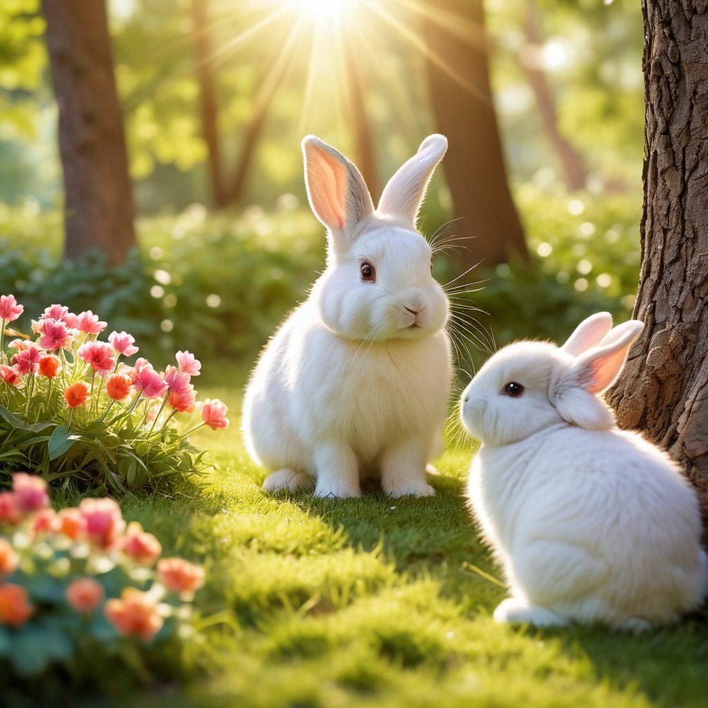 A heartwarming scene of a joyful person playing with an adorable bunny in a sunlit park, surrounded by lush greenery and colorful flowers. Include various bunny breeds in a cozy, inviting setting to emphasize companionship and care. Add a gentle sunbeam highlighting the connection between the person and the bunnies, creating an atmosphere of love and community. soft focus. vibrant colors. 3D.